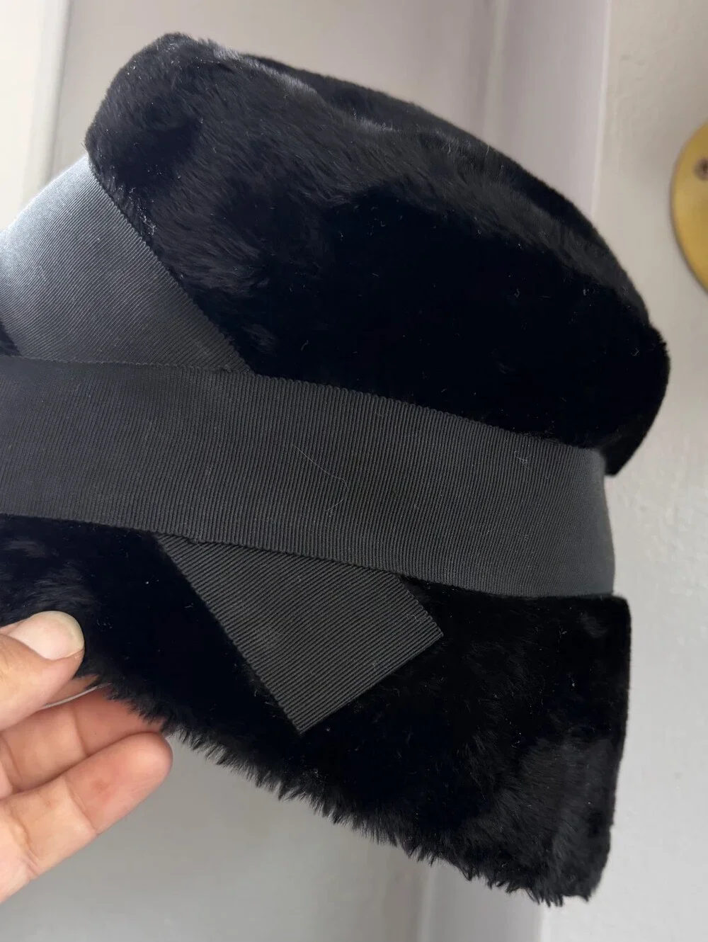 Vintage Norman Durand Black Faux Fur Bucket Hat with Grosgrain Ribbon